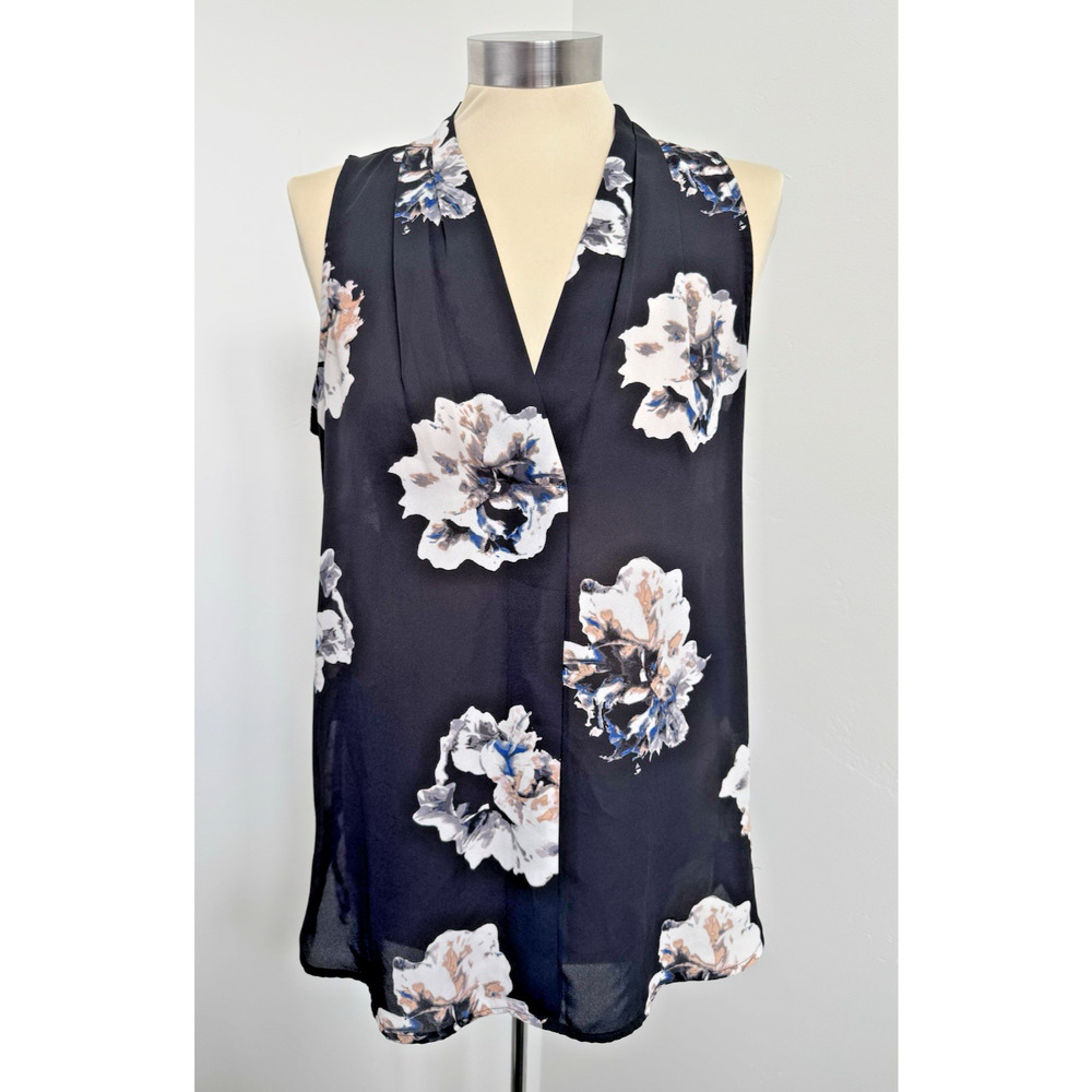 VINCE CAMUTO Sleeveless V-Neck Blouse Black Blue Floral Women's Small